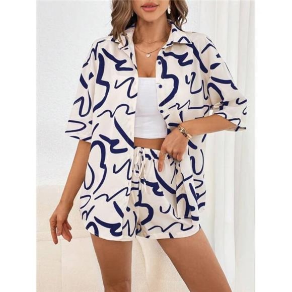 Essnce Printed Button-Front Short Sleeve Shirt And Shorts Set - Picture 1 of 7